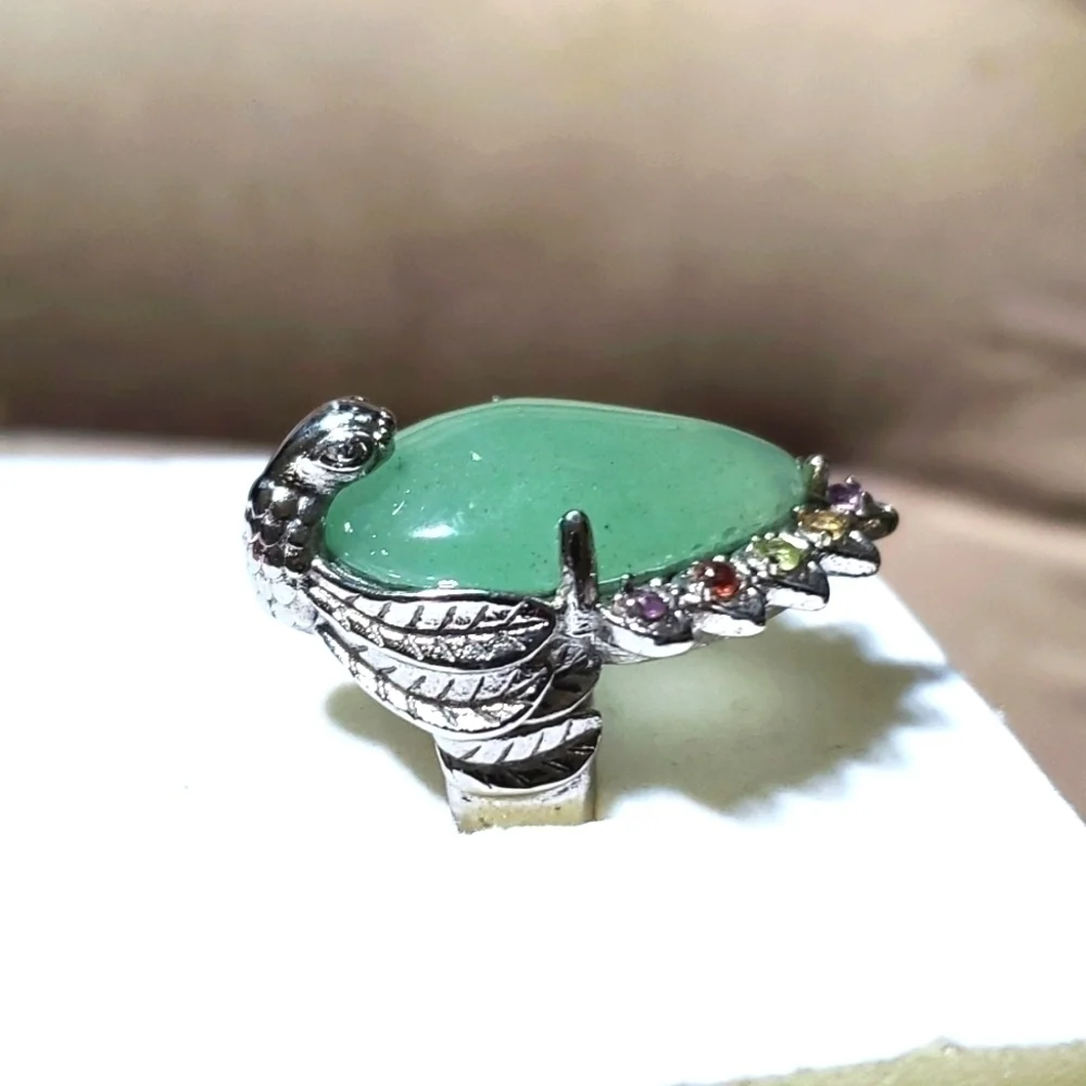 Green Aventurine Peacock Ring Stainless Steel Multigemstone